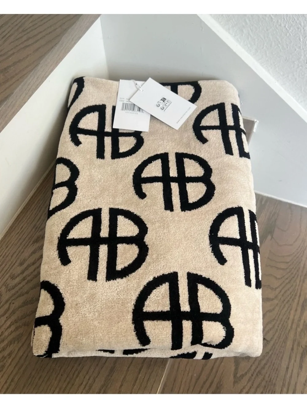 Anine Bing Bahia Towel in Beige and Black Monogram Print NWT